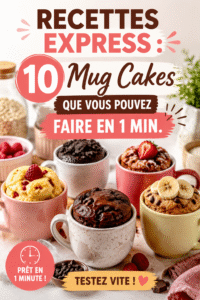 Assiette de mug cakes variés sur une table de camping, décorée de bois et de verdure.