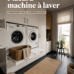 Placard bien aménagé autour d'une machine à laver avec étagères organisées.