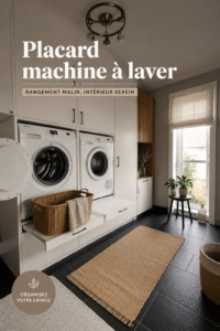 Placard bien aménagé autour d'une machine à laver avec étagères organisées.