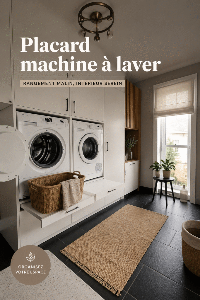 Placard bien aménagé autour d'une machine à laver avec étagères organisées.
