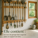 Garage bien organisé avec outils de jardin sur un rack