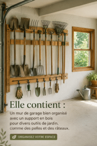 Garage bien organisé avec outils de jardin sur un rack