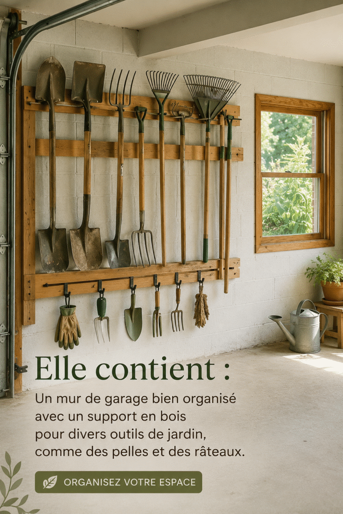 Garage bien organisé avec outils de jardin sur un rack