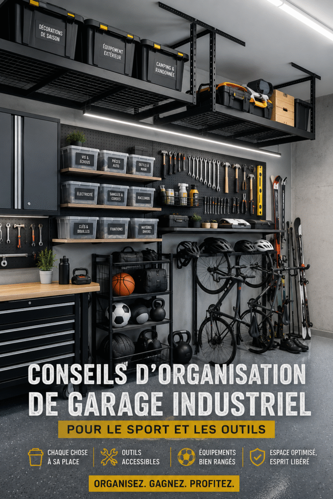 Garage organisé avec rangement pour les outils et équipements de sport