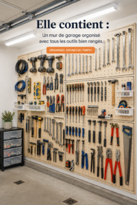 Garage avec un tableau perforé bien organisé, affichant des outils de manière ordonnée.