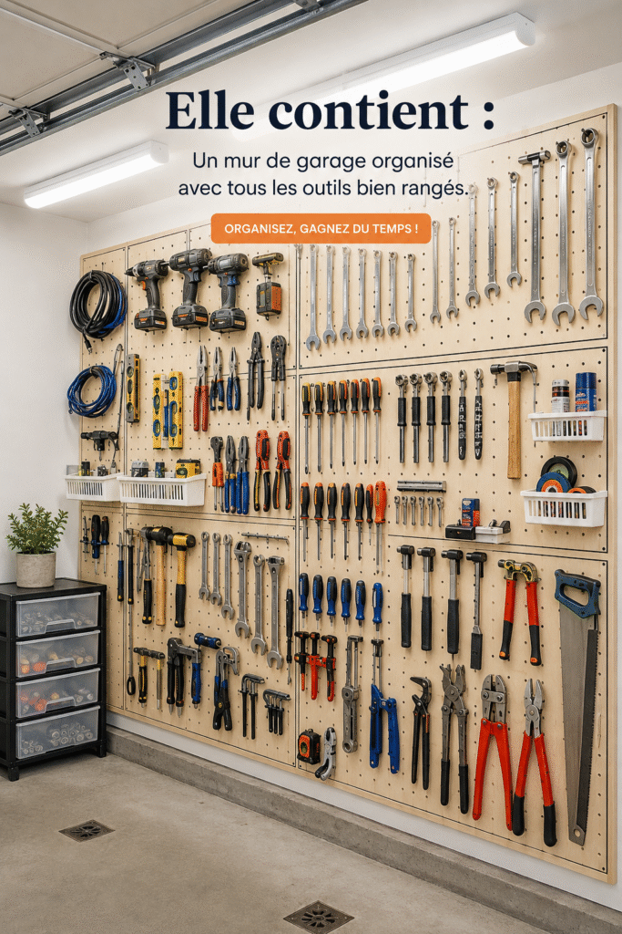 Garage avec un tableau perforé bien organisé, affichant des outils de manière ordonnée.
