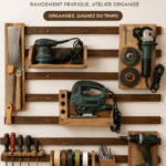Un espace de rangement bien organisé avec des outils de camping.