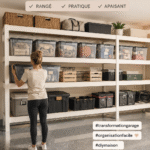 Garage bien organisé avec étagères et outils disposés soigneusement.