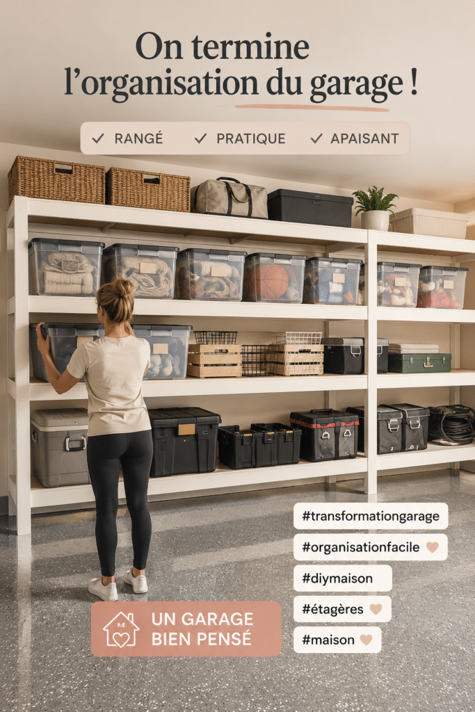 Garage bien organisé avec étagères et outils disposés soigneusement.