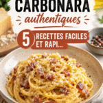 Assiette de pâtes carbonara préparée en camping, entourée d'une nature verdoyante