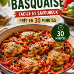 Un poulet basquaise doré cuit en pleine nature, prêt à être servi.