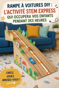Une rampe de voiture DIY colorée fabriquée avec des matériaux simples, prête à être utilisée par des enfants.