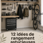 Garage organisé avec des étagères et des rangement astucieux pour tous les outils.