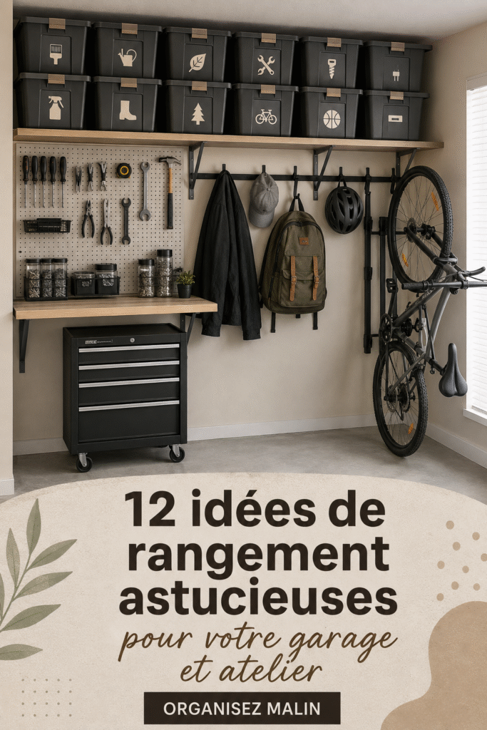 Garage organisé avec des étagères et des rangement astucieux pour tous les outils.