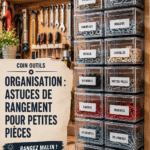 Un coin d'outils bien organisé pour le camping avec des étagères et des rangements pratiques.