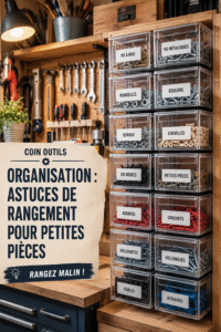 Un coin d'outils bien organisé pour le camping avec des étagères et des rangements pratiques.