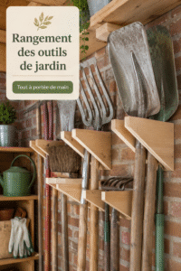 Rangement organisé des outils de jardinage en camping