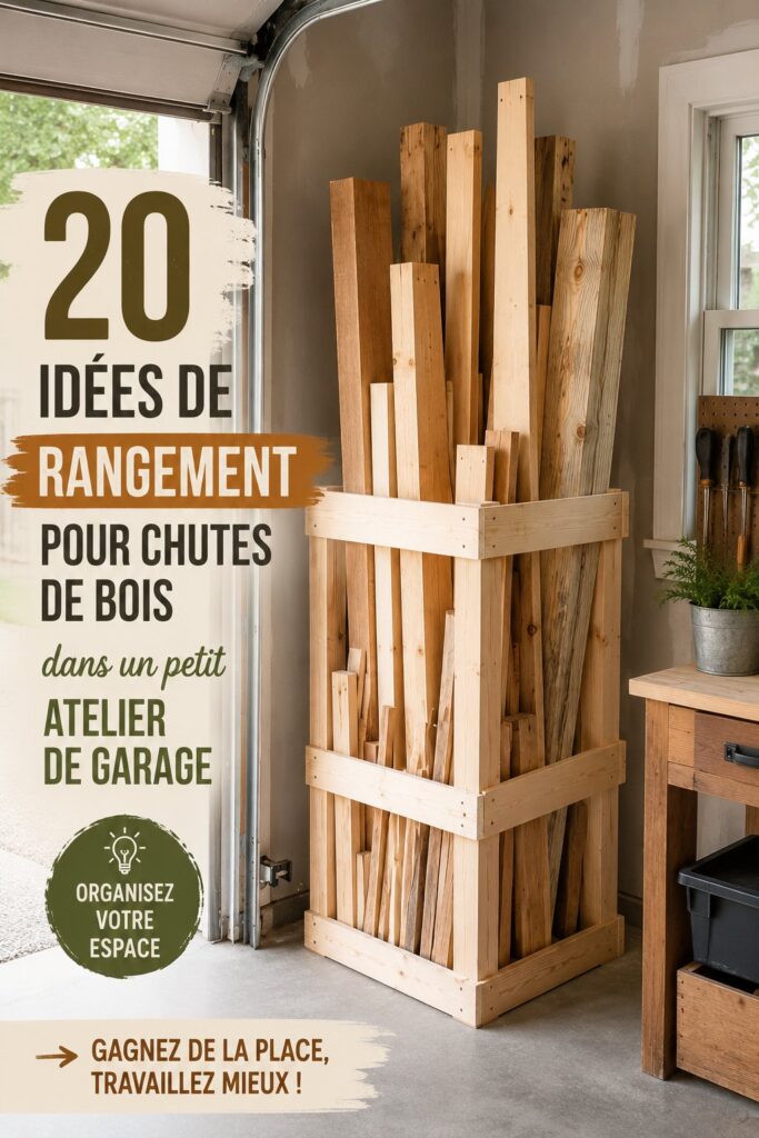 Rangement en bois dans un garage bien organisé avec des outils et divers accessoires.