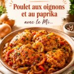 Un plat de poulet aux oignons et paprika prêt à être dégusté au camping.