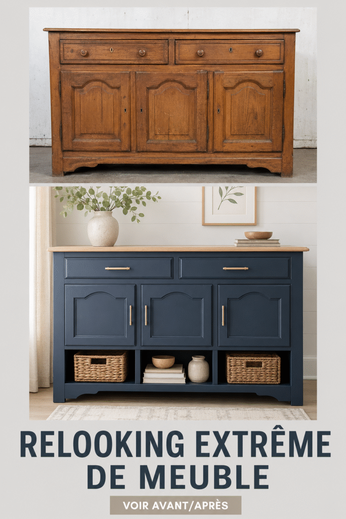 Meubles relookés avec des couleurs modernes et vives dans un intérieur stylé.