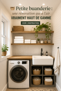 Rénovation buanderie moderne et esthétique avec solutions de rangement.