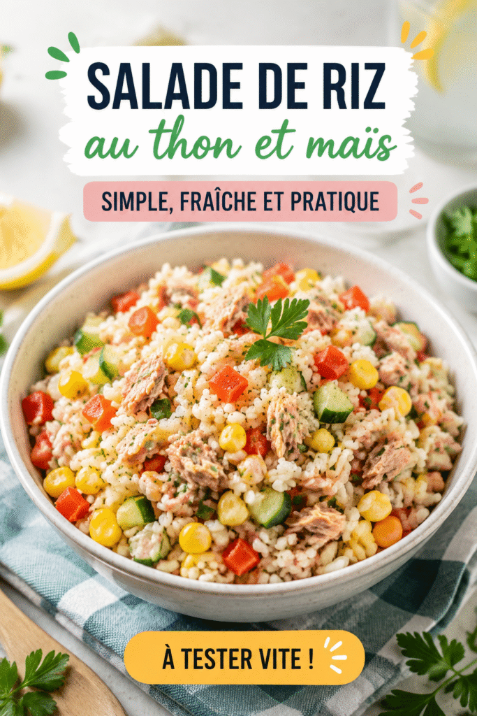 Salade de riz au thon et maïs dans un bol en bois, idéale pour un repas léger.