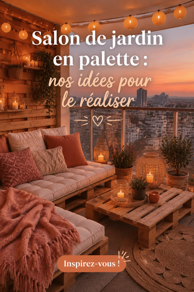 Salon de jardin en palette avec coussins et plantes décoratives