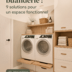 Rangement optimisé dans une buanderie fonctionnelle avec étagères et paniers.