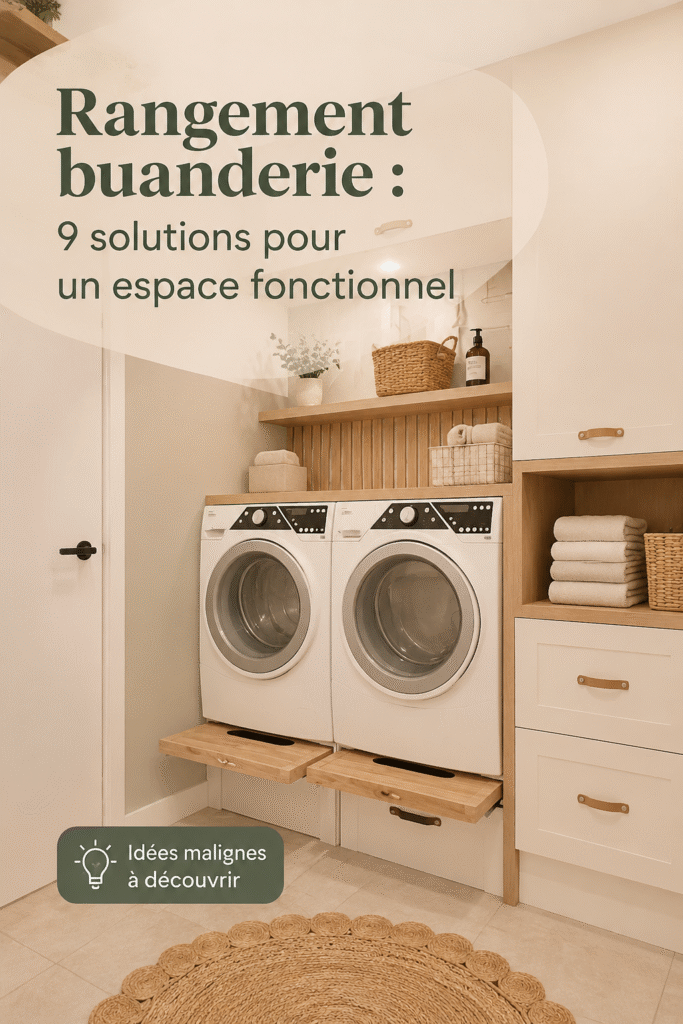 Rangement optimisé dans une buanderie fonctionnelle avec étagères et paniers.
