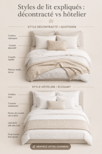 Un lit bien aménagé dans un style décontracté avec des coussins