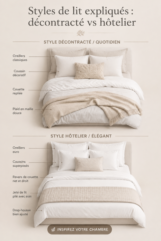 Un lit bien aménagé dans un style décontracté avec des coussins