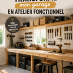 Un garage bien organisé devenu un atelier fonctionnel avec des outils visibles et un espace de travail dégagé.