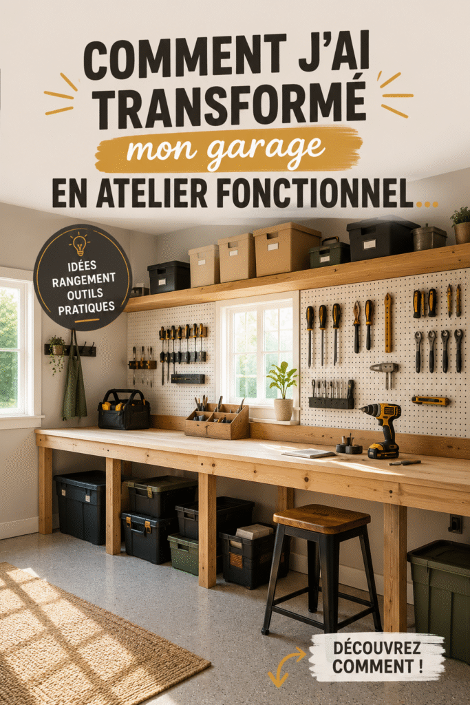 Un garage bien organisé devenu un atelier fonctionnel avec des outils visibles et un espace de travail dégagé.