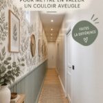 Un couloir décoré avec soin et bien éclairé, mettant en valeur l'aménagement intérieur.