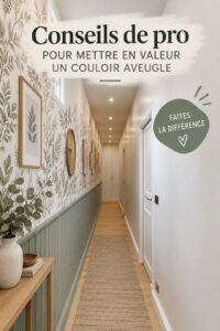 Un couloir décoré avec soin et bien éclairé, mettant en valeur l'aménagement intérieur.