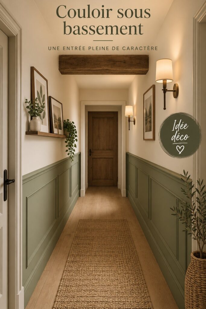 Aménagement d'un couloir décoré avec des tableaux et des accessoires