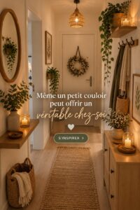 Un hall d'entrée bien aménagé avec des couleurs chaudes et des éléments de décoration modernes.