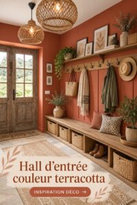 Un hall d'entrée décoré dans une teinte terracotta chaleureuse avec des éléments de décoration modernes.