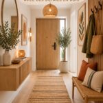 Un couloir moderne avec des éléments en bois ajoutant une touche chaleureuse