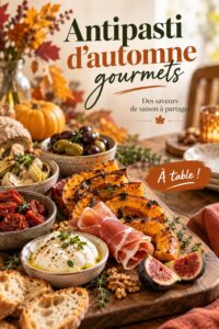 Assortiment d'antipasti d'automne sur une table en plein air.