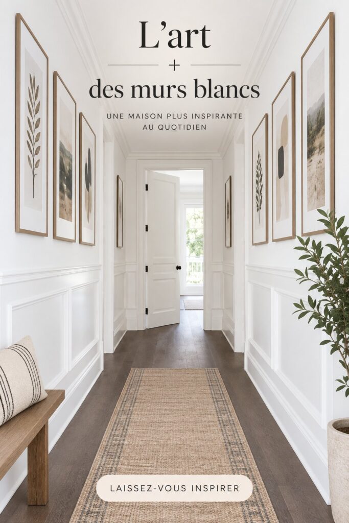 Cuisine moderne avec des murs blancs décorés d'art contemporain