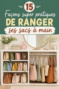 Rangement astucieux de sacs à main colorés dans un dressing.