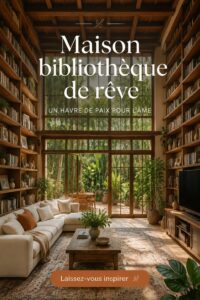 Une bibliothèque bien agencée avec des étagères en bois, un fauteuil confortable et un éclairage doux.