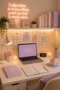 Bureau décoré en pastel avec des éléments de rangement chic.