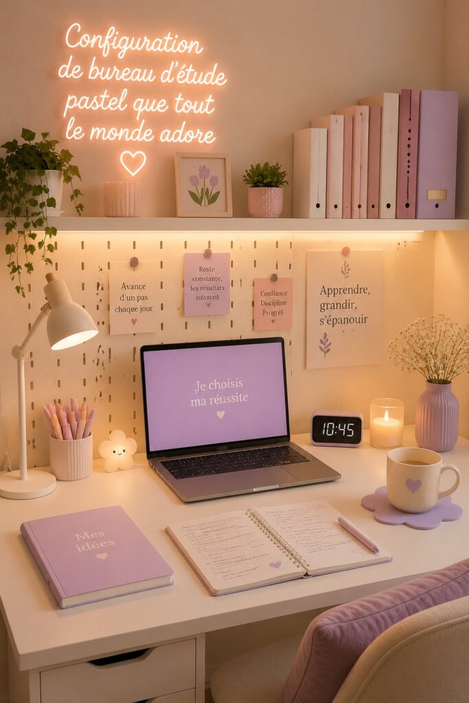 Bureau décoré en pastel avec des éléments de rangement chic.