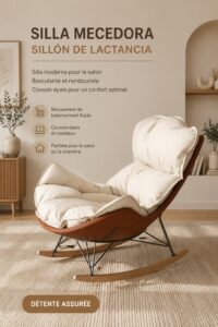Chaise à bascule moderne en couleur beige et brun, parfait pour un salon chaleureux.