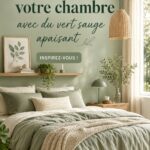 Chambre décorée en vert sauge apaisant avec des coussins et des rideaux assortis.