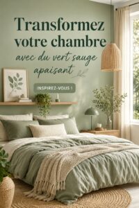 Chambre décorée en vert sauge apaisant avec des coussins et des rideaux assortis.