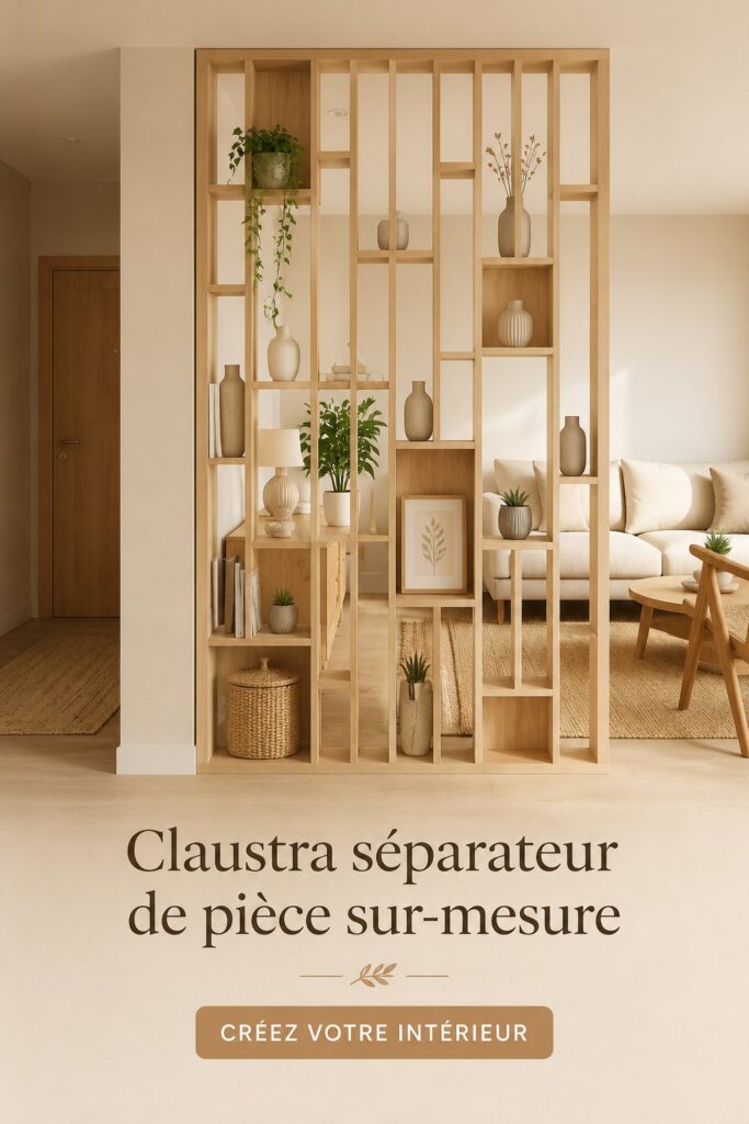 Claustra en bois moderne séparant un salon et une entrée dans un intérieur lumineux