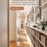 Un couloir lumineux avec une bibliothèque intégrée et des œuvres d'art accrochées au mur.